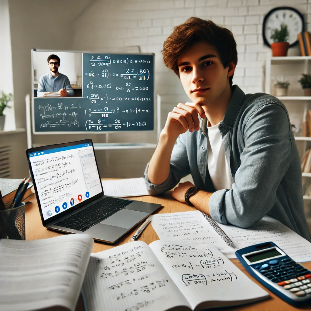 Estudiante universitario que utiliza recursos en línea para resolver problemas matemáticos complejos con la ayuda de un tutor.