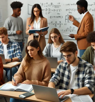 Grupo diverso de estudiantes resolviendo problemas de matemáticas con la guía del docente en un aula