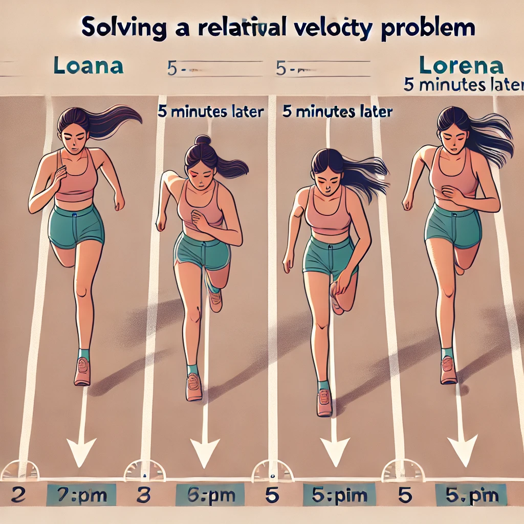 Ilustración del problema de velocidad relativa entre Luana y Lorena, donde Luana alcanza a Lorena en una carrera