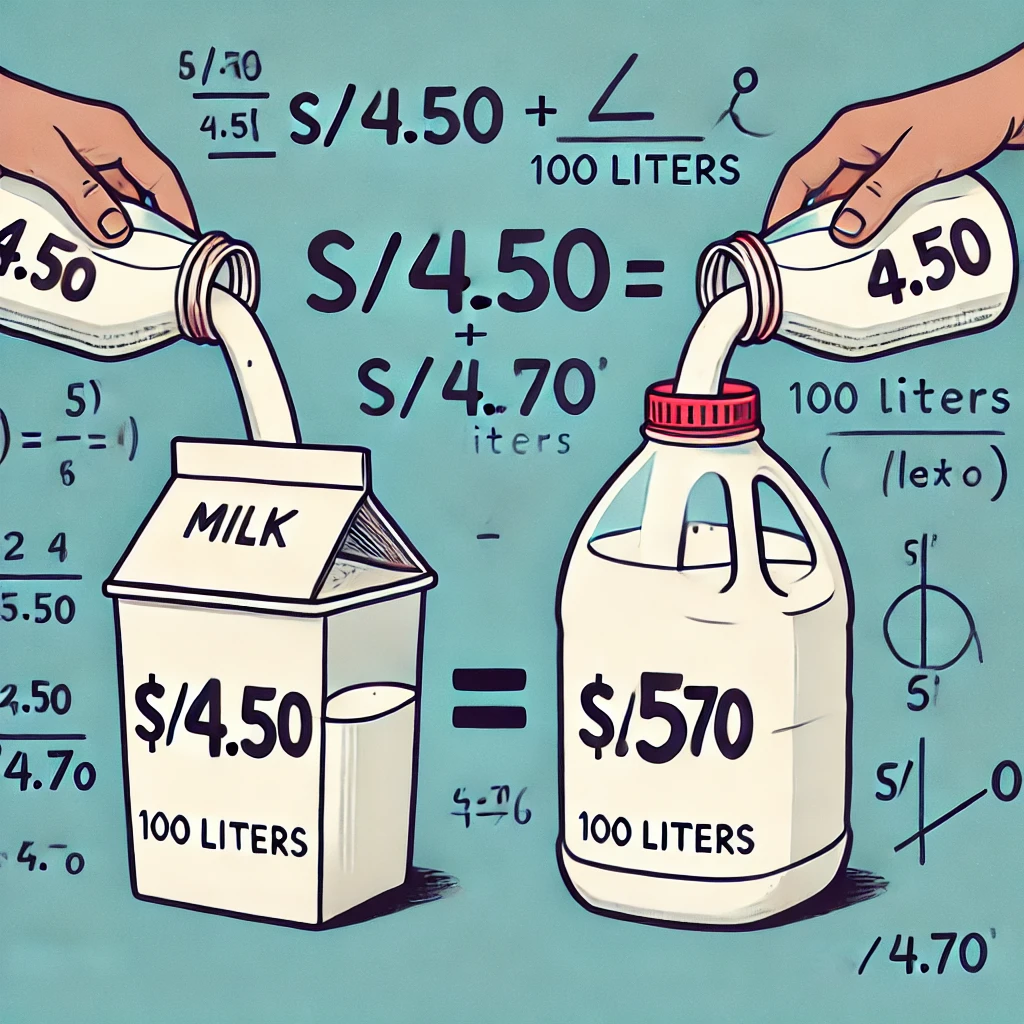 Ilustración de la mezcla de precios de leche con etiquetas de S/ 4.50 y S/ 5.00 para obtener un precio promedio de S/ 4.70, representando un problema matemático.